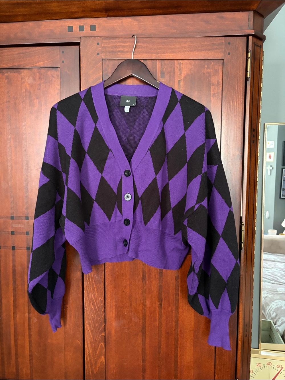 Cropped Purple & Black Argyle Cardigan Sweater